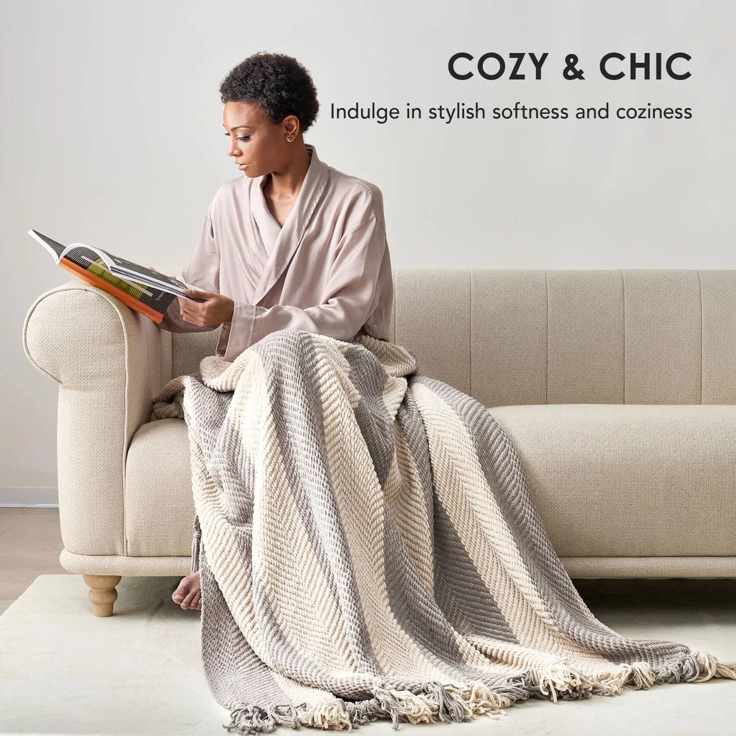 EVERGRACE Striped Chenille Knit Grey Throw Blanket for Couch, Textured Woven Boho Knitted Blanket for Bed, Super Soft Cozy Shabby Chic Knit Throw with Tassels for Farmhouse Home Decor, 60”x80”