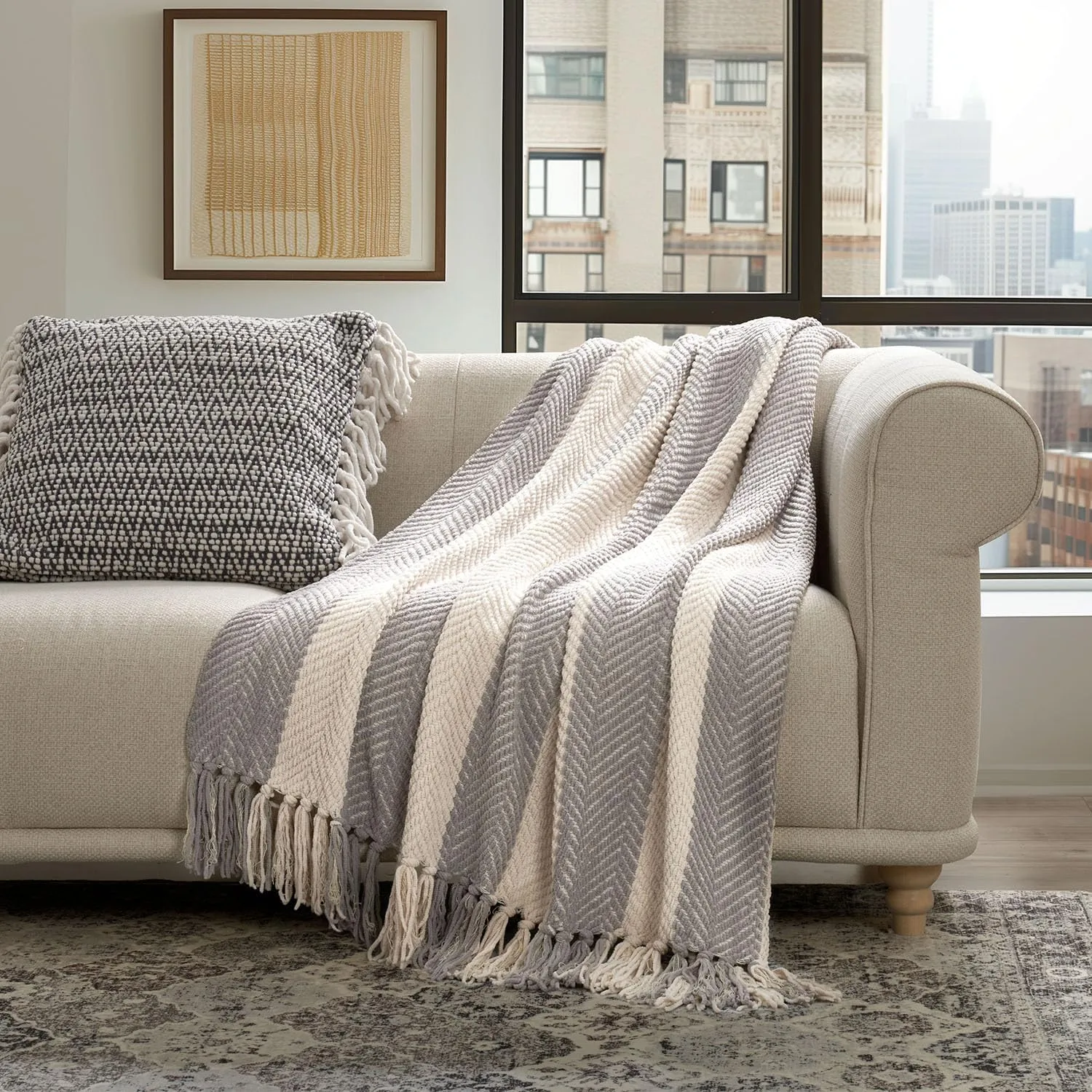 EVERGRACE Striped Chenille Knit Grey Throw Blanket for Couch, Textured Woven Boho Knitted Blanket for Bed, Super Soft Cozy Shabby Chic Knit Throw with Tassels for Farmhouse Home Decor, 60”x80”