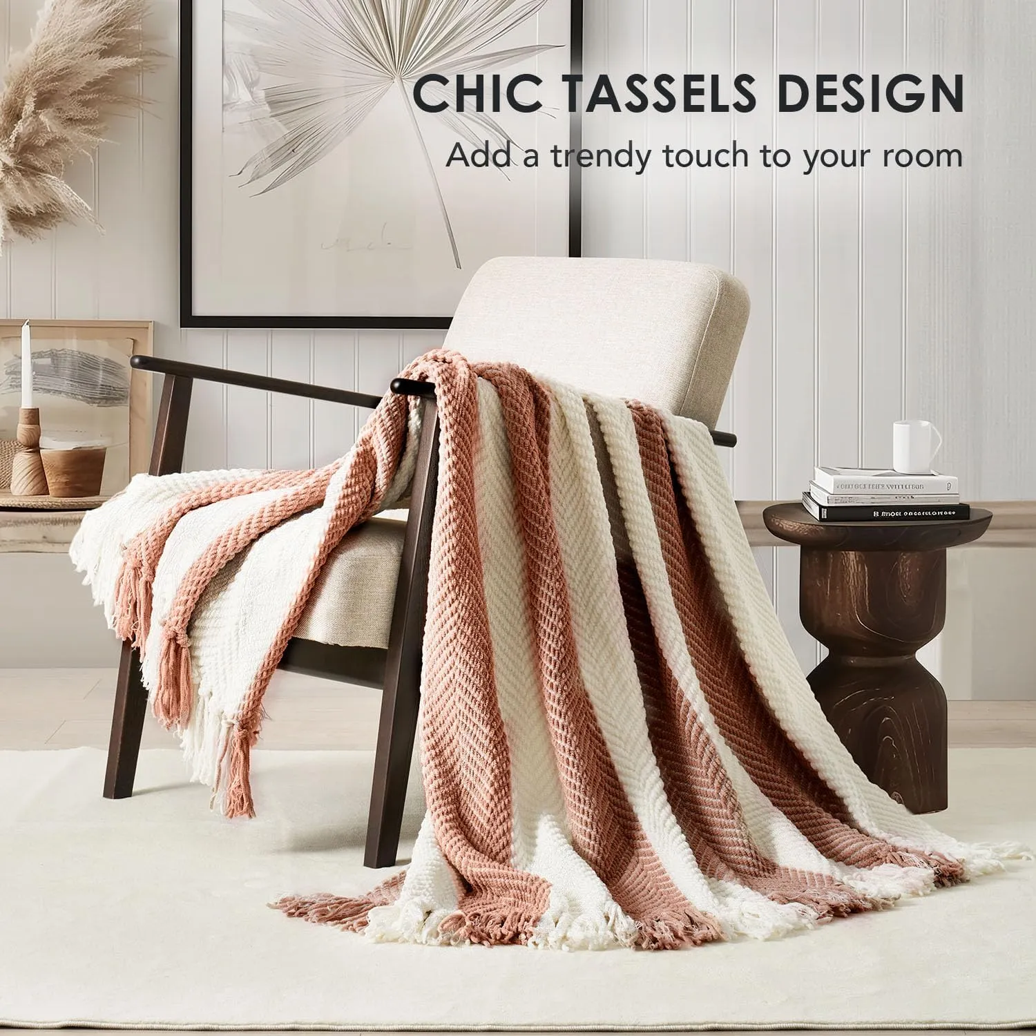 EVERGRACE Striped Chenille Knit Rusty Brown Throw Blanket for Couch, Textured Woven Boho Knitted Blanket for Bed, Super Soft Cozy Shabby Chic Knit Throw with Tassels for Farmhouse Home Decor, 60”x80”