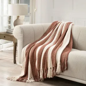 EVERGRACE Striped Chenille Knit Rusty Brown Throw Blanket for Couch, Textured Woven Boho Knitted Blanket for Bed, Super Soft Cozy Shabby Chic Knit Throw with Tassels for Farmhouse Home Decor, 60”x80”