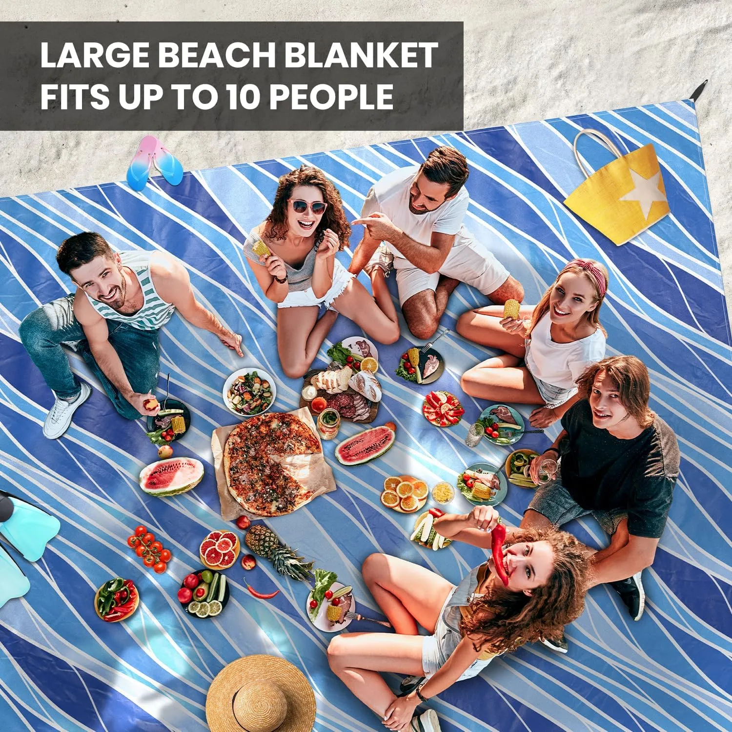 Everlasting Comfort Extra Large Beach Blanket Waterproof & Sandproof for up to 10 People - Lightweight Beach Mat, Picnic Mat, Outdoor Blanket - Ideal for Festivals, Camping (Blue, 10.7 x 9 FT)