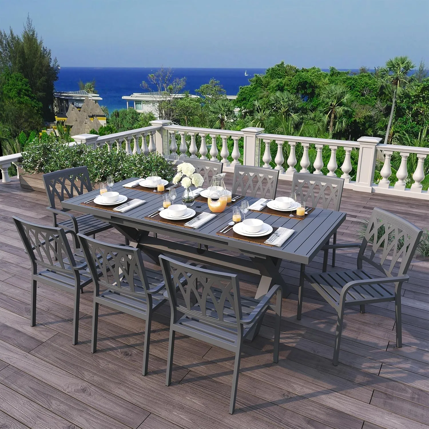 Extendable Patio Dining Table for 6-8, 63''-83'' Outdoor Aluminum Table w/Umbrella Hole, Rectangle Slatted Tabletop, Metal X-Trestle for Meals Garden Deck Backyard Gathering Party - Light Brown
