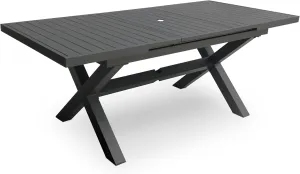 Extendable Patio Dining Table for 6-8, 63''-83'' Outdoor Aluminum Table w/Umbrella Hole, Rectangle Slatted Tabletop, Metal X-Trestle for Meals Garden Deck Backyard Gathering Party - Light Brown