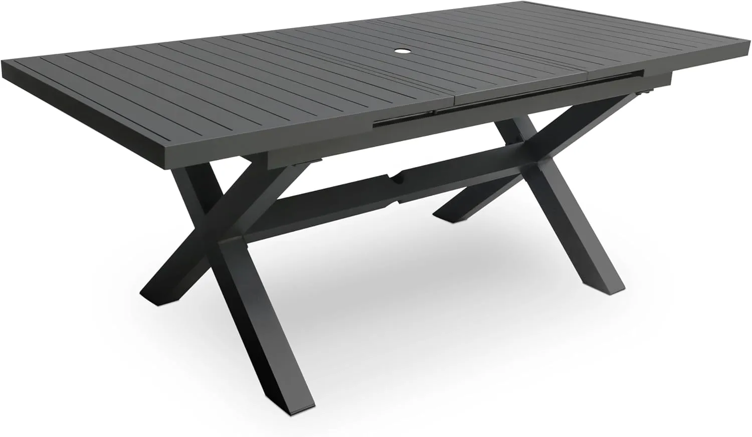 Extendable Patio Dining Table for 6-8, 63''-83'' Outdoor Aluminum Table w/Umbrella Hole, Rectangle Slatted Tabletop, Metal X-Trestle for Meals Garden Deck Backyard Gathering Party - Light Brown