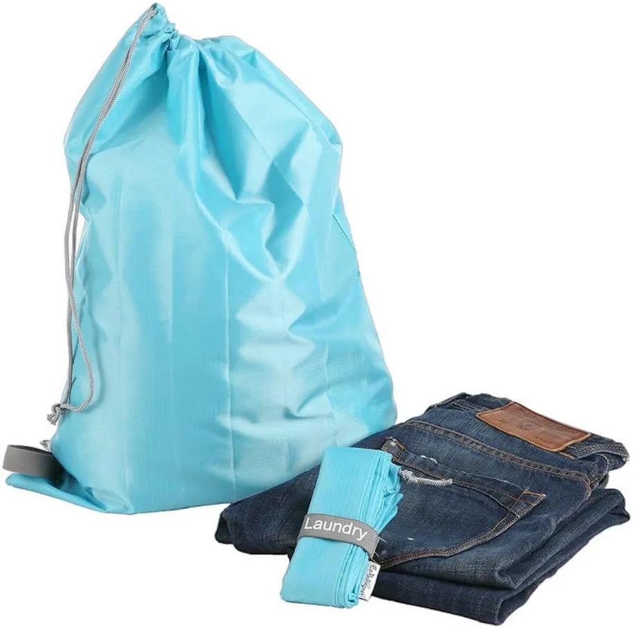 EzPacking Travel Laundry Bag with Drawstring/Foldable Compact Lightweight Small Travel Size for Suitcase / (22” X 16”) / Clean Dirty Clothes Wash Bag/Nylon Blue/Washable/For Women Men Kids Baby