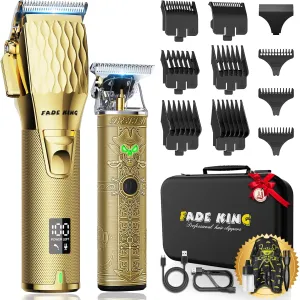 FADEKING® Professional Hair Clippers for Men - Cordless Hair Clippers, LCD Display Barber Clippers for Hair Cutting & Mens Grooming with Travel Case (Gold Bronze)