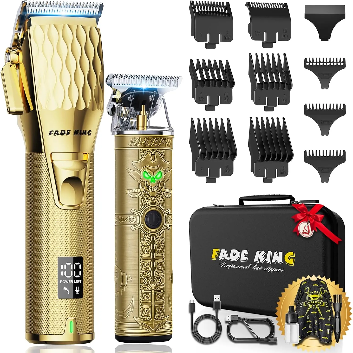 FADEKING® Professional Hair Clippers for Men - Cordless Hair Clippers, LCD Display Barber Clippers for Hair Cutting & Mens Grooming with Travel Case (Gold Bronze)