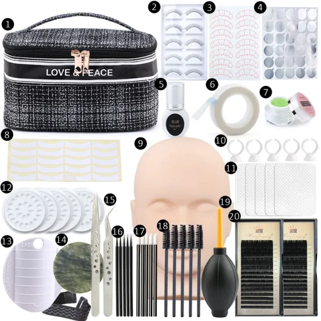 False Eyelash Extension Training Kit Practice Model Head Eye Pads Tweezers Glue Ring Brush Grafting Eyelash Tools Kit