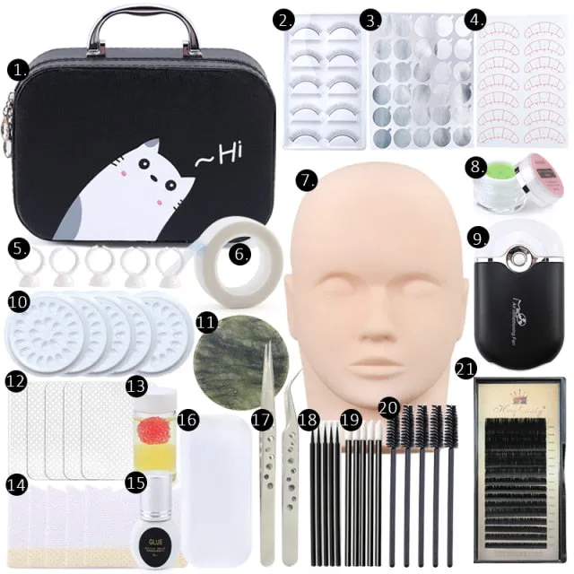 False Eyelash Extension Training Kit Practice Model Head Eye Pads Tweezers Glue Ring Brush Grafting Eyelash Tools Kit