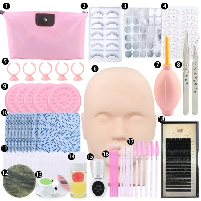 False Eyelash Extension Training Kit Practice Model Head Eye Pads Tweezers Glue Ring Brush Grafting Eyelash Tools Kit