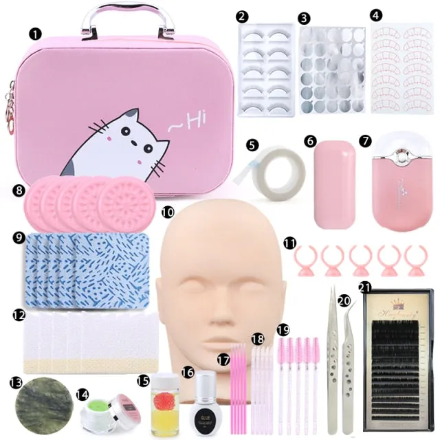 False Eyelash Extension Training Kit Practice Model Head Eye Pads Tweezers Glue Ring Brush Grafting Eyelash Tools Kit