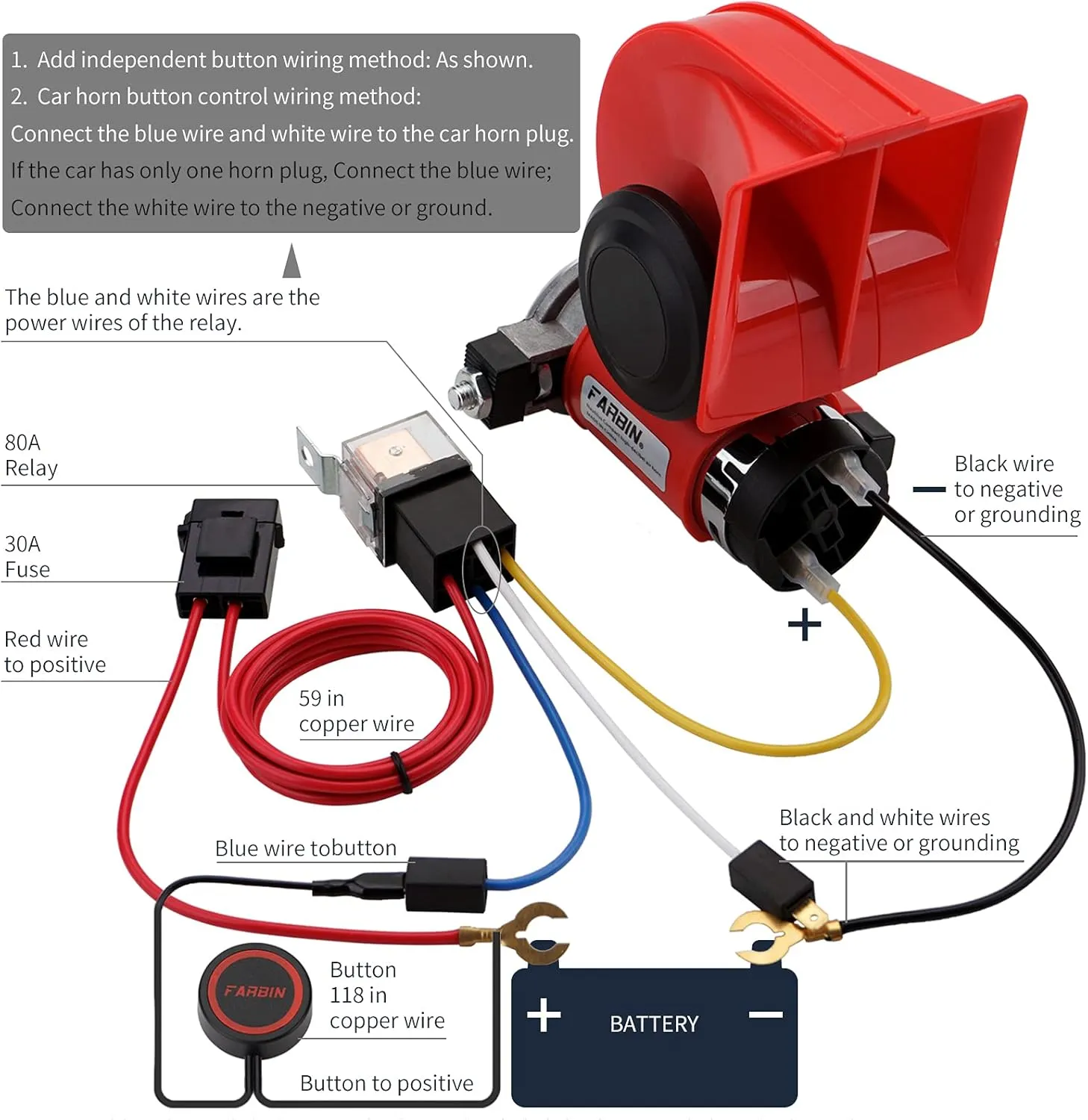 FARBIN Car Horn Kit 12V 150db Loud Air Horn with Compressor,Compact Horn with Relay Harness Button for Car Truck Jeep
