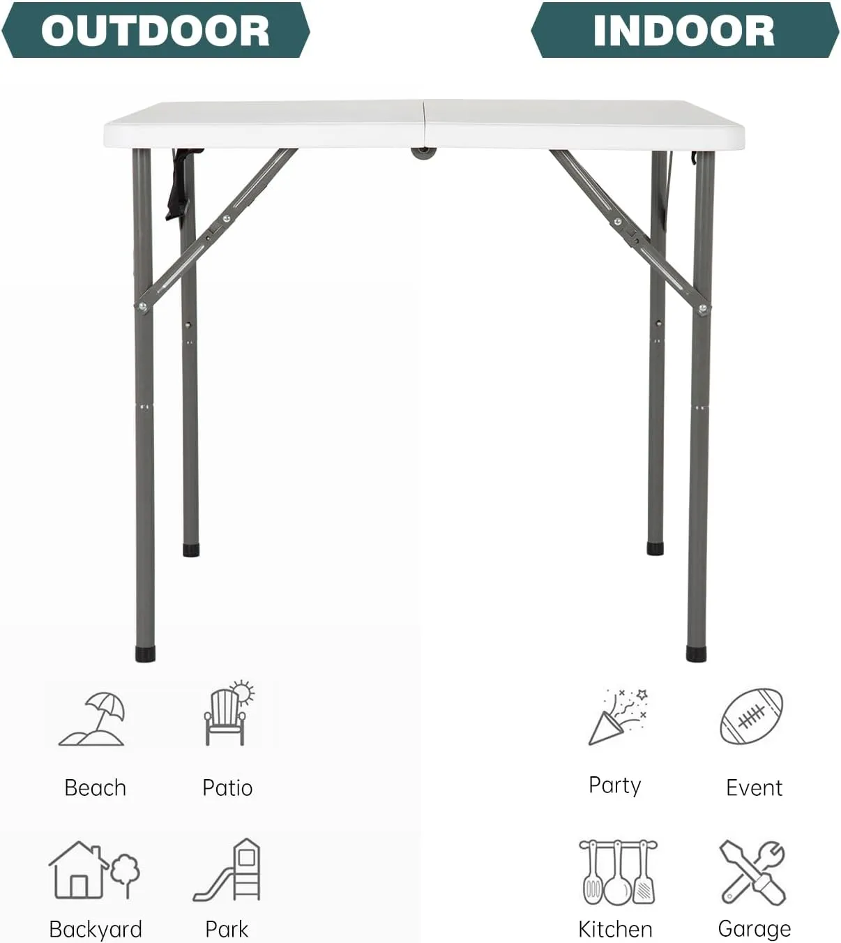 FDW 34" Square Outdoor Dining Table, Foldable Portable Plastic Folding Card Table with Built in Carrying Handle and Height Adjustable for Party and Wedding Use, White