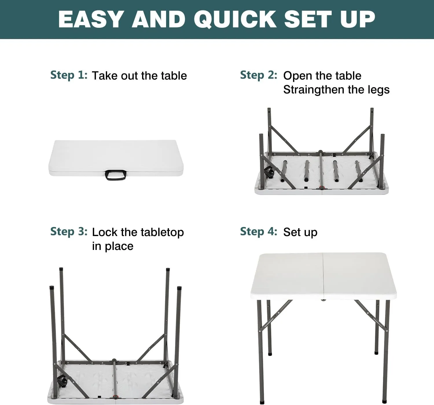 FDW 34" Square Outdoor Dining Table, Foldable Portable Plastic Folding Card Table with Built in Carrying Handle and Height Adjustable for Party and Wedding Use, White