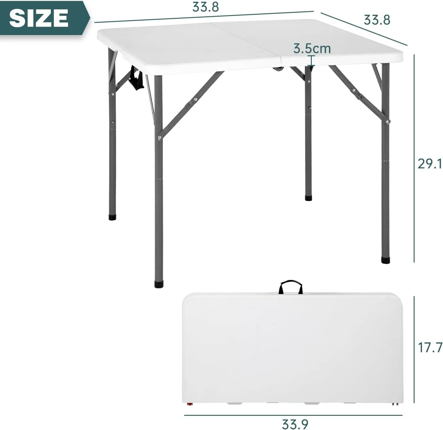 FDW 34" Square Outdoor Dining Table, Foldable Portable Plastic Folding Card Table with Built in Carrying Handle and Height Adjustable for Party and Wedding Use, White