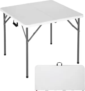 FDW 34" Square Outdoor Dining Table, Foldable Portable Plastic Folding Card Table with Built in Carrying Handle and Height Adjustable for Party and Wedding Use, White