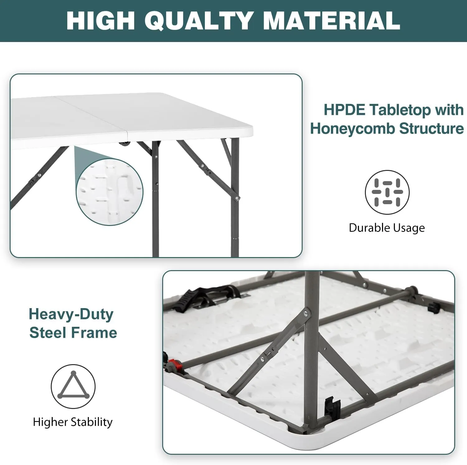 FDW 34" Square Outdoor Dining Table, Foldable Portable Plastic Folding Card Table with Built in Carrying Handle and Height Adjustable for Party and Wedding Use, White