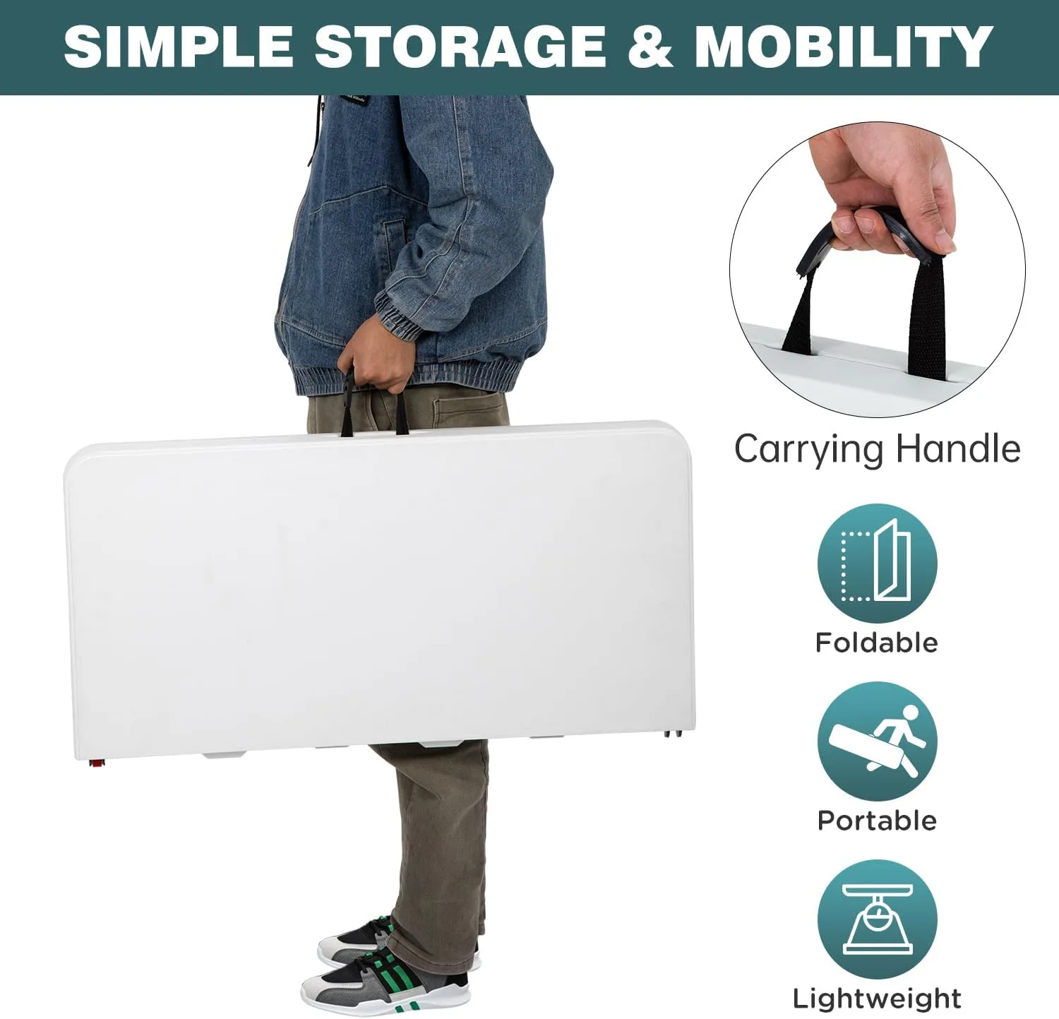 FDW 34" Square Outdoor Dining Table, Foldable Portable Plastic Folding Card Table with Built in Carrying Handle and Height Adjustable for Party and Wedding Use, White