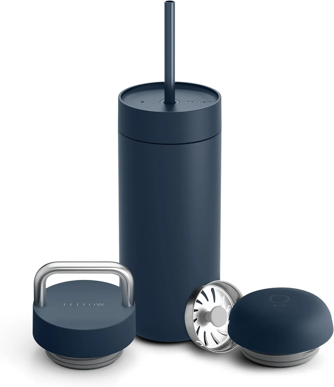 Fellow 16 oz Carter Bundle (3 in 1) Travel Mug with Carry Handle, Move & Cold Lids with Straw - To-Go Coffee Tumbler, Ceramic Interior & Vacuum-Insulated Stainless Steel - Coffee Cups-Stone Blue