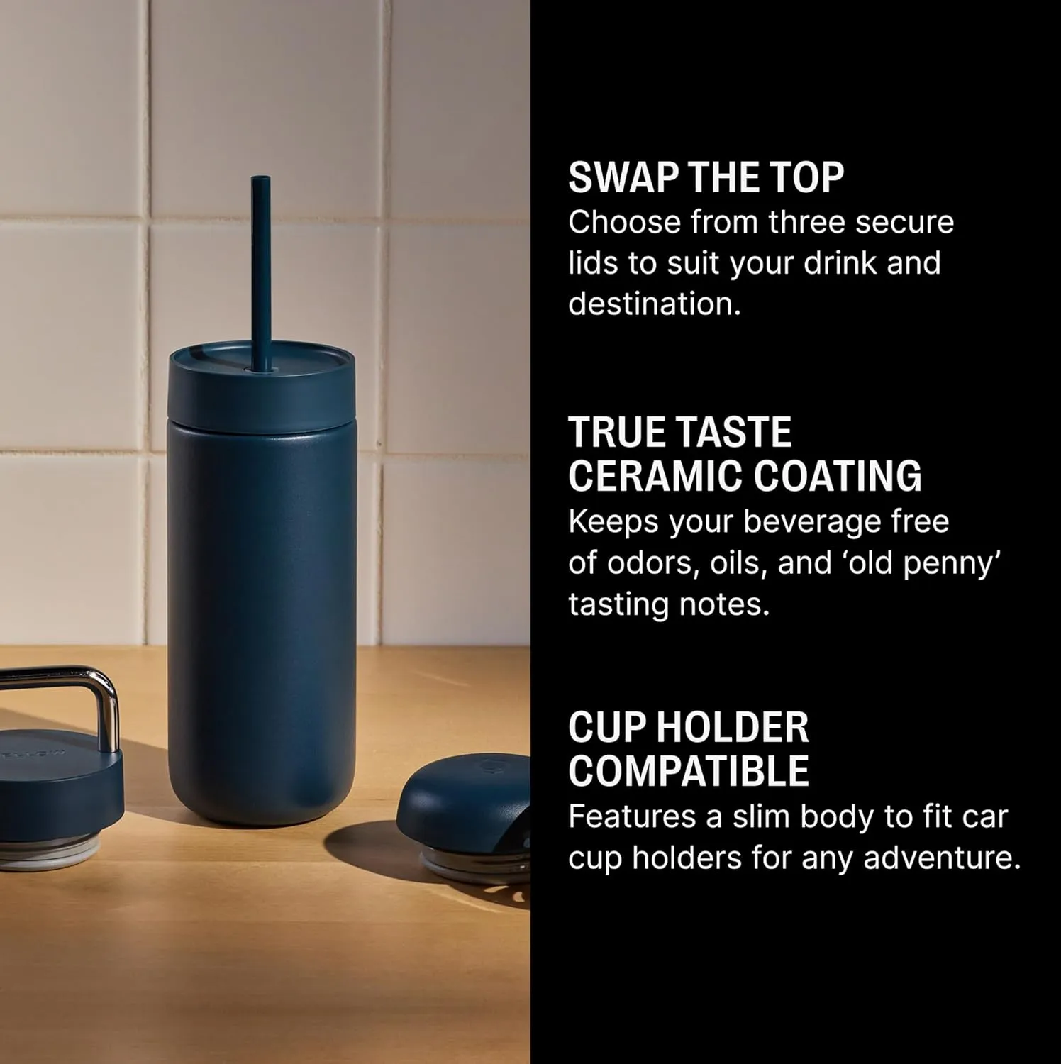 Fellow 16 oz Carter Bundle (3 in 1) Travel Mug with Carry Handle, Move & Cold Lids with Straw - To-Go Coffee Tumbler, Ceramic Interior & Vacuum-Insulated Stainless Steel - Coffee Cups-Stone Blue