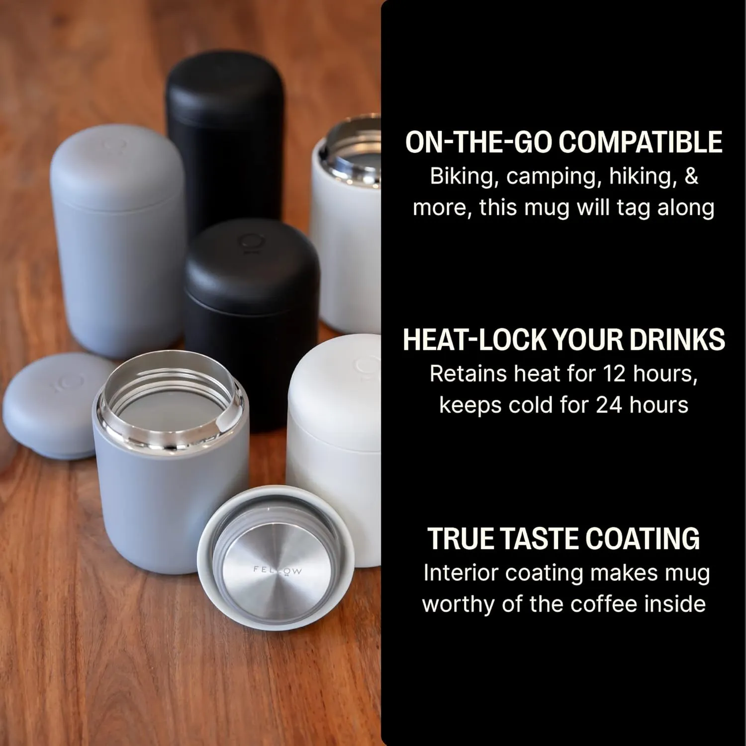 Fellow 16 oz Carter Wide Travel Mug - Wide Mouth Vacuum-Insulated Stainless Steel - Tea and Coffee Tumbler - Travel Coffee Mug with Ceramic Interior - Matte Grey