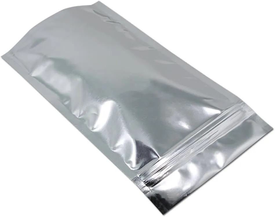 FERENLI 100 Pieces Stand Up Clear Front Zipper Lock Resealable Aluminum Mylar Foil Plastic Packaging Bag for Zip Heat Sealable Lock with Tear Notch Long Term Food Storage 4.7x7.9 inch