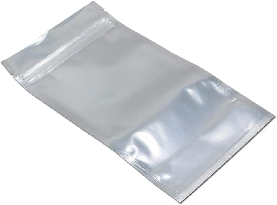 FERENLI 100 Pieces Stand Up Clear Front Zipper Lock Resealable Aluminum Mylar Foil Plastic Packaging Bag for Zip Heat Sealable Lock with Tear Notch Long Term Food Storage 4.7x7.9 inch