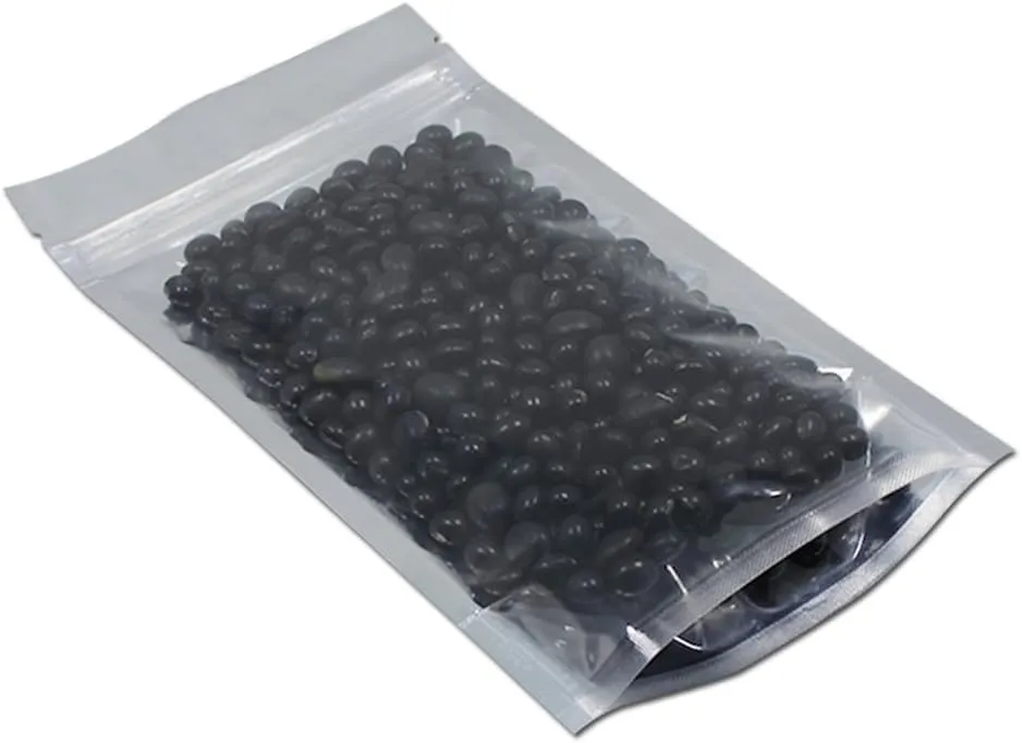 FERENLI 100 Pieces Stand Up Clear Front Zipper Lock Resealable Aluminum Mylar Foil Plastic Packaging Bag for Zip Heat Sealable Lock with Tear Notch Long Term Food Storage 4.7x7.9 inch