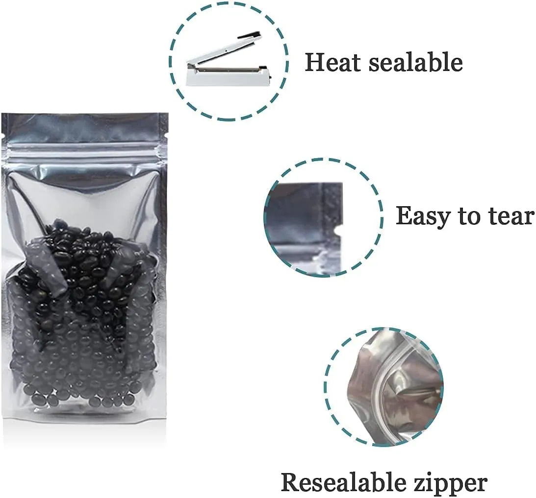 FERENLI 100 Pieces Stand Up Clear Front Zipper Lock Resealable Aluminum Mylar Foil Plastic Packaging Bag for Zip Heat Sealable Lock with Tear Notch Long Term Food Storage 4.7x7.9 inch