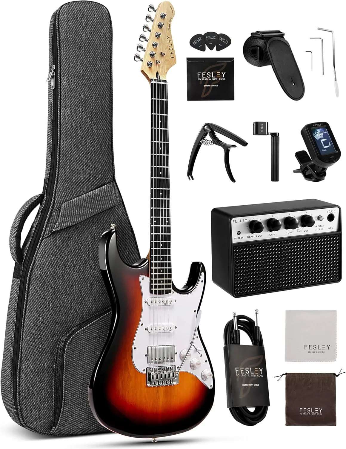 Fesley 39 Inch Electric Guitar: Beginner Electric Guitar Kit with HSS Pickup, Full Size Solid Body Guitar Starter Set with Amplifier, Bag, Strap, String, Cable, Picks, FST100, Sunburst