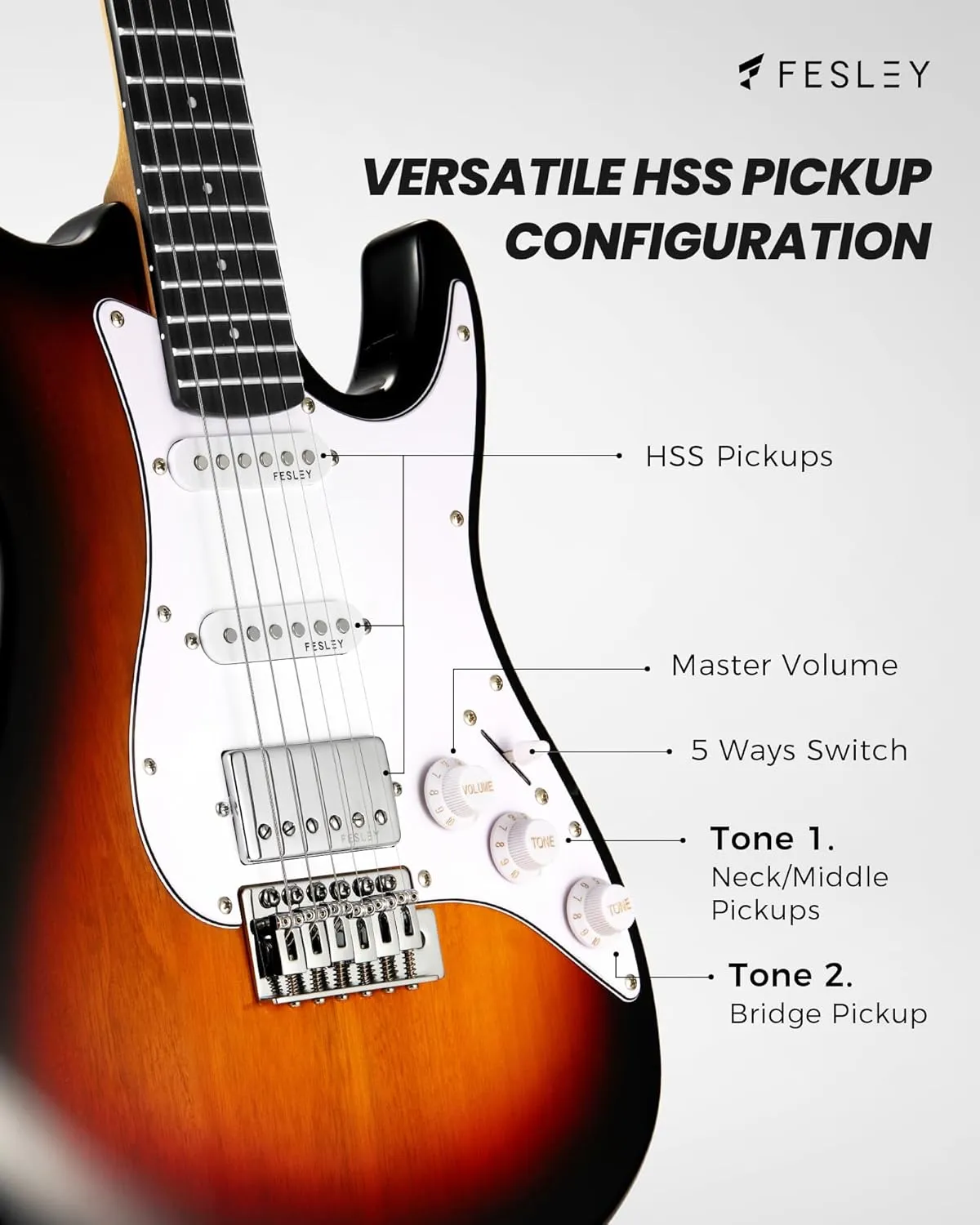 Fesley 39 Inch Electric Guitar: Beginner Electric Guitar Kit with HSS Pickup, Full Size Solid Body Guitar Starter Set with Amplifier, Bag, Strap, String, Cable, Picks, FST100, Sunburst