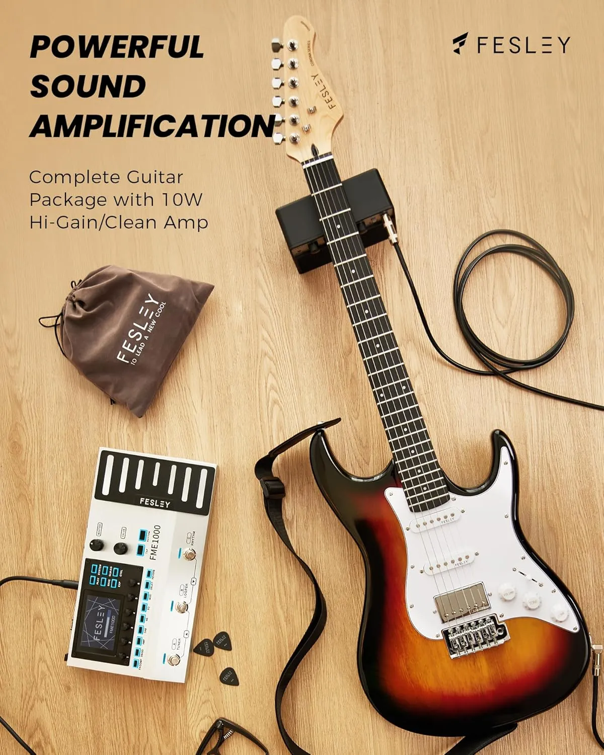 Fesley 39 Inch Electric Guitar: Beginner Electric Guitar Kit with HSS Pickup, Full Size Solid Body Guitar Starter Set with Amplifier, Bag, Strap, String, Cable, Picks, FST100, Sunburst