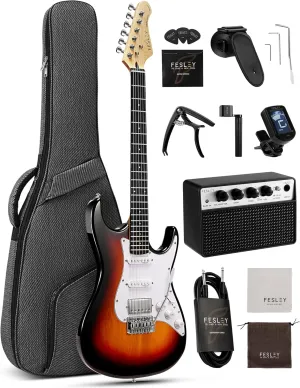 Fesley 39 Inch Electric Guitar: Beginner Electric Guitar Kit with HSS Pickup, Full Size Solid Body Guitar Starter Set with Amplifier, Bag, Strap, String, Cable, Picks, FST100, Sunburst