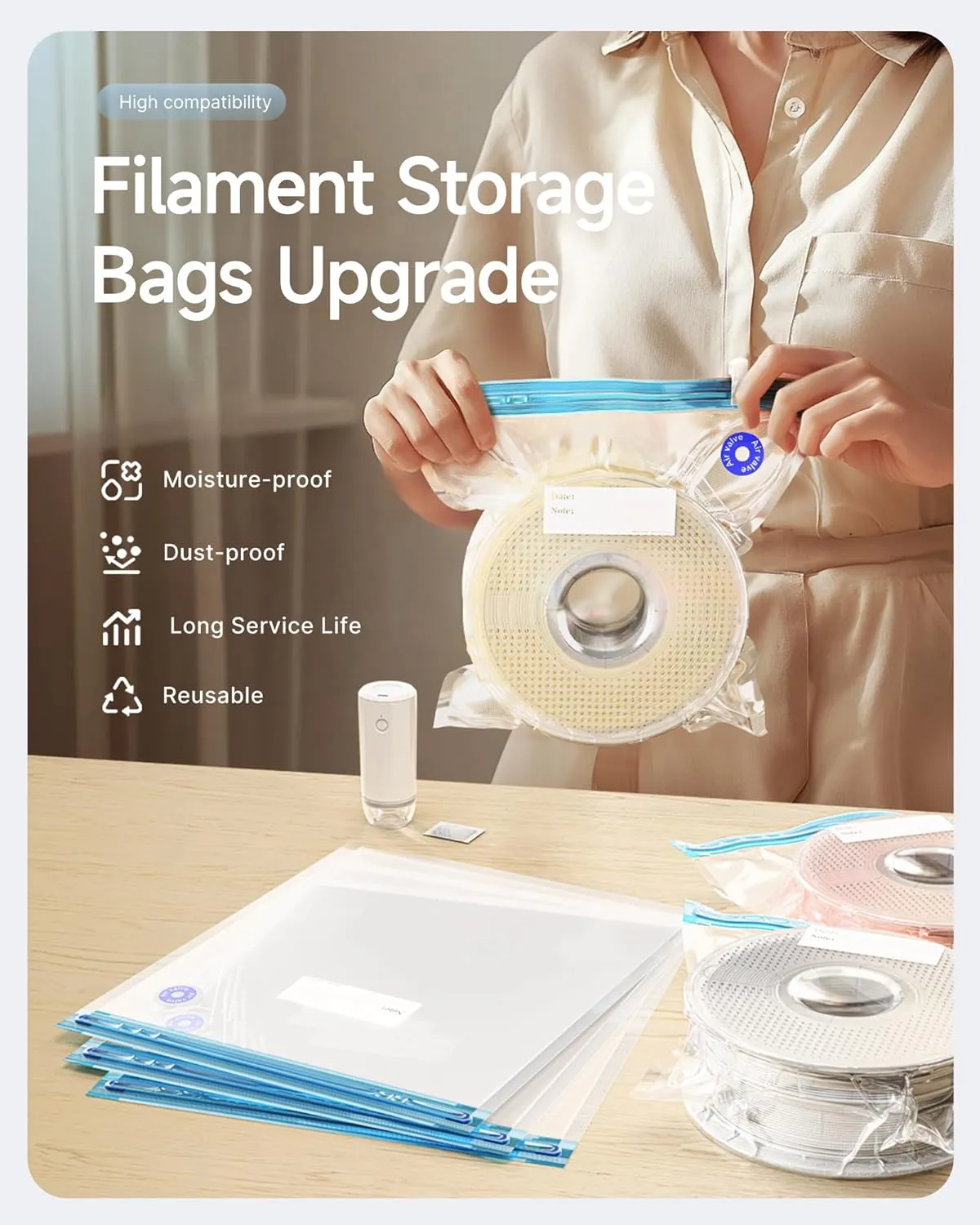 Filament Storage Bags 30 Pcs, 30 Filament Vacuum Storage Bags Plus 30 Desiccants and 5 Clips, Keeping Spool Clean and Dry