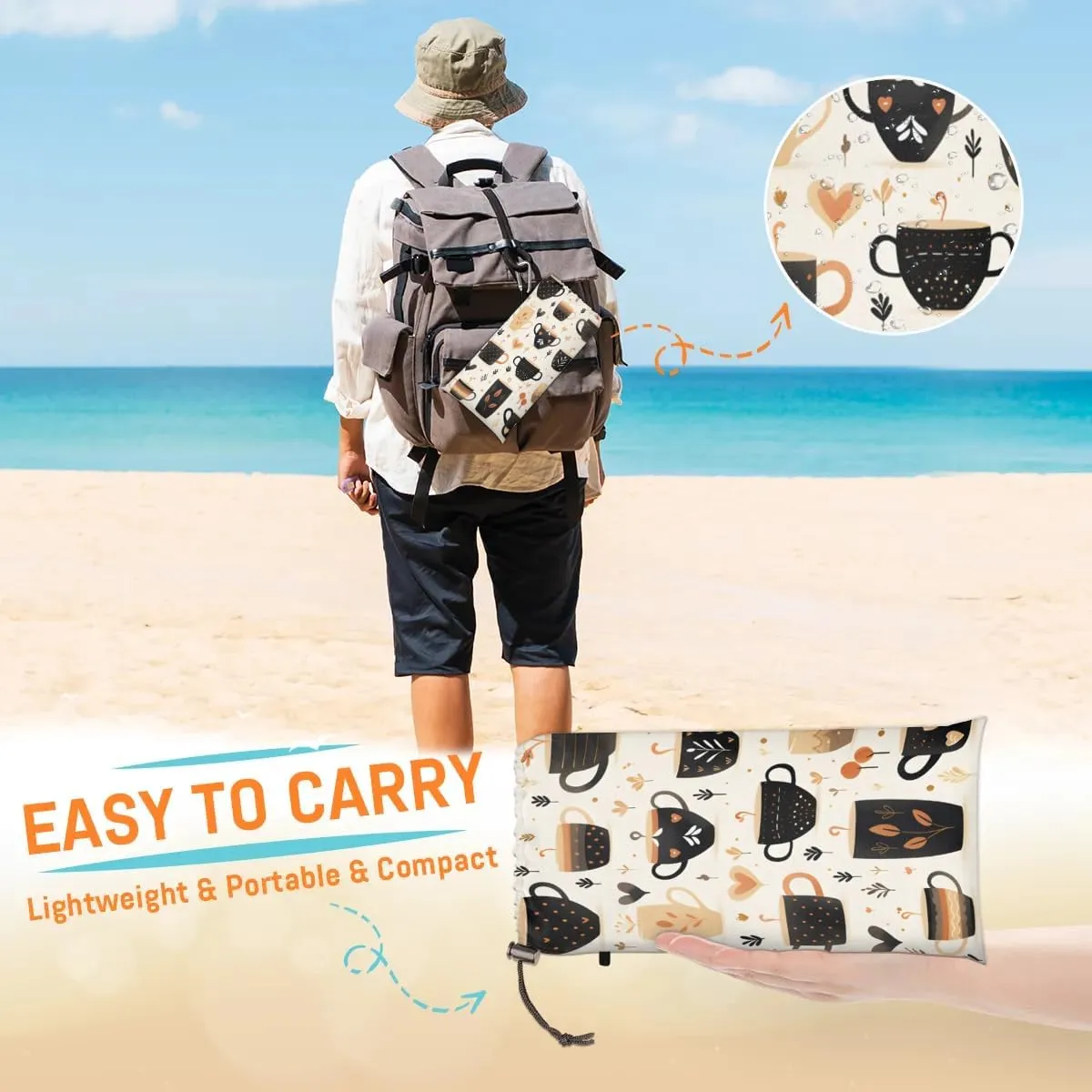 Filter Coffee Beach Blanket, Sandproof Beach Mat, 68 x 59 Waterproof Quick Drying Sand Free Mat with 4 x Ground Spikes for Outdoor Travel Camping Hiking, Coffee