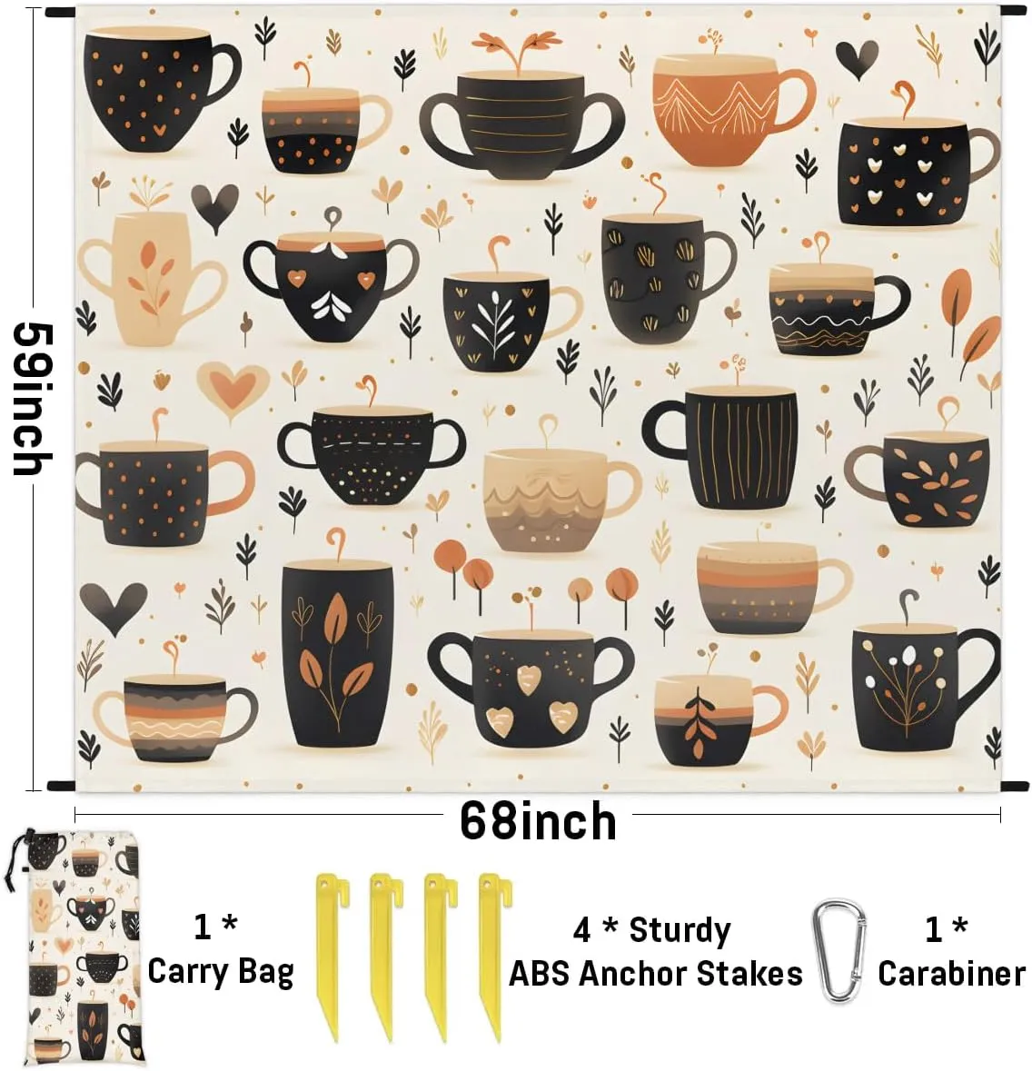 Filter Coffee Beach Blanket, Sandproof Beach Mat, 68 x 59 Waterproof Quick Drying Sand Free Mat with 4 x Ground Spikes for Outdoor Travel Camping Hiking, Coffee