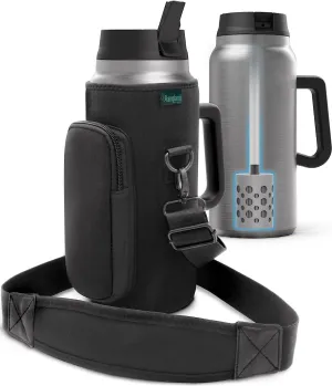 Filtered 64 oz Tumbler with Handle and Carrier Bag - Insulated Wide Mouth Water Bottle with Ahlstrom Filter System, Spill-proof Straw Lid and Padded Shoulder Strap (Stainless Steel)