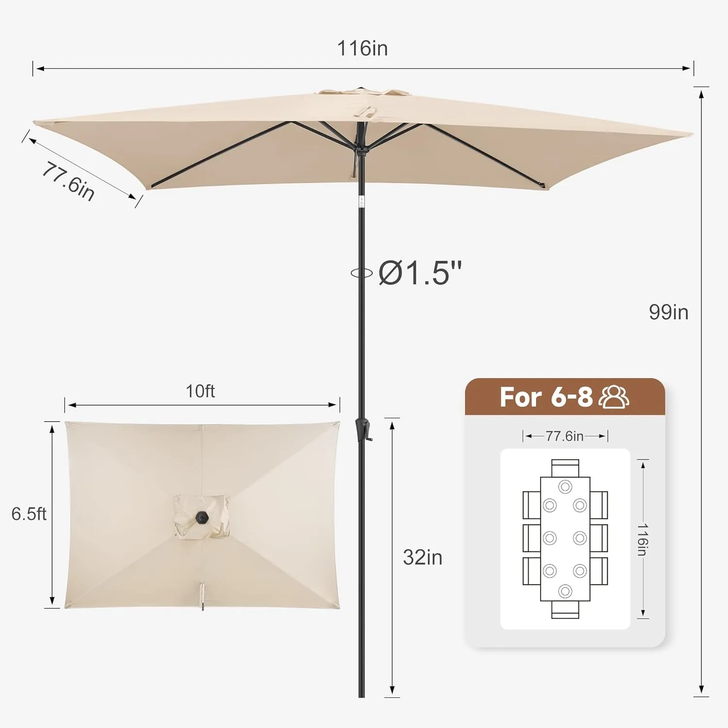 FLAME&SHADE 6.5 x 10 ft Rectangular Outdoor Market Patio Table Umbrella with Tilt, Beige