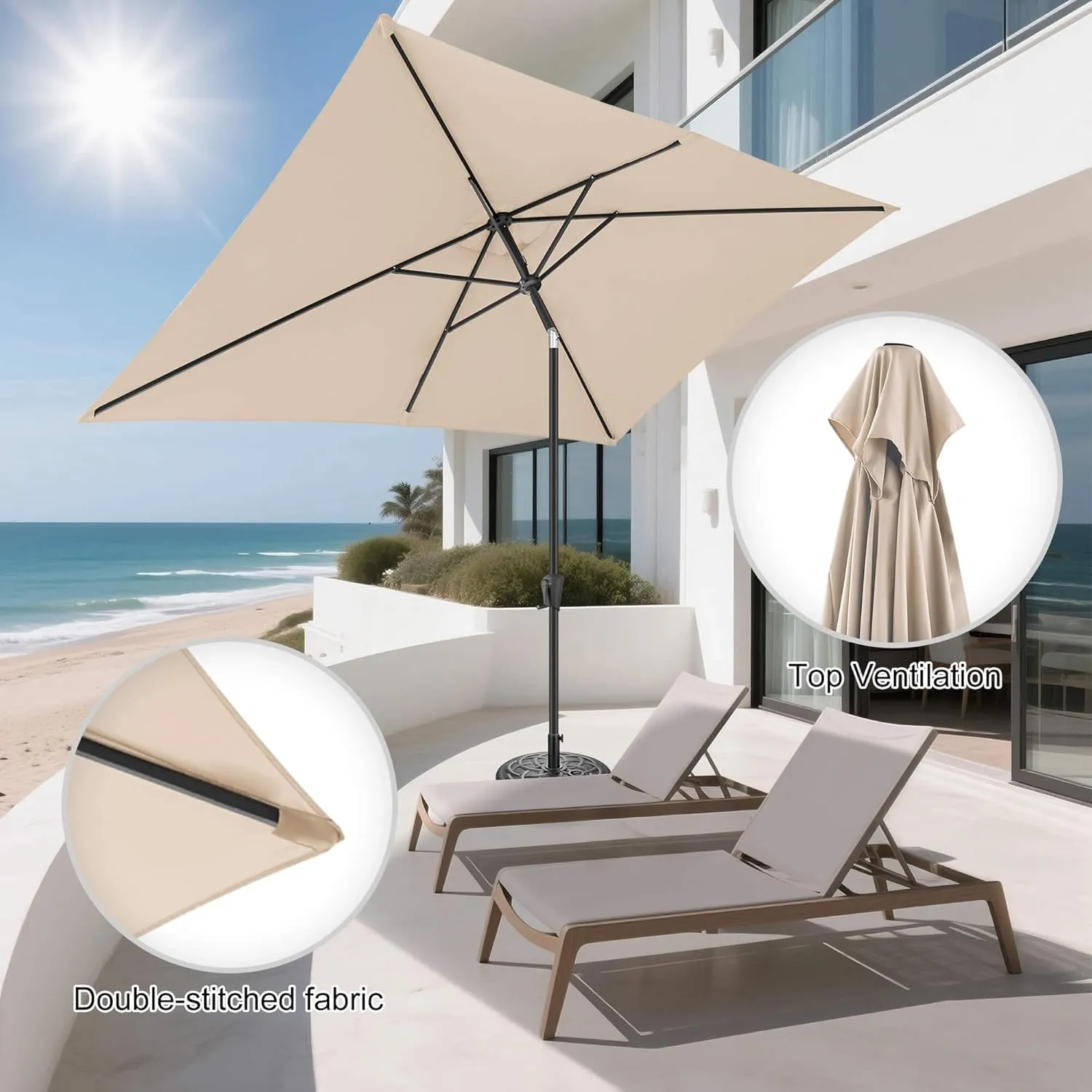 FLAME&SHADE 6.5 x 10 ft Rectangular Outdoor Market Patio Table Umbrella with Tilt, Beige