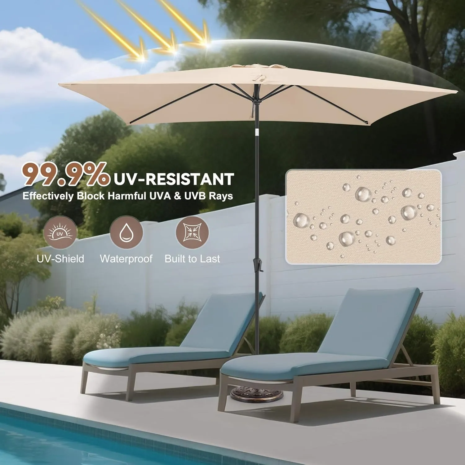 FLAME&SHADE 6.5 x 10 ft Rectangular Outdoor Market Patio Table Umbrella with Tilt, Beige