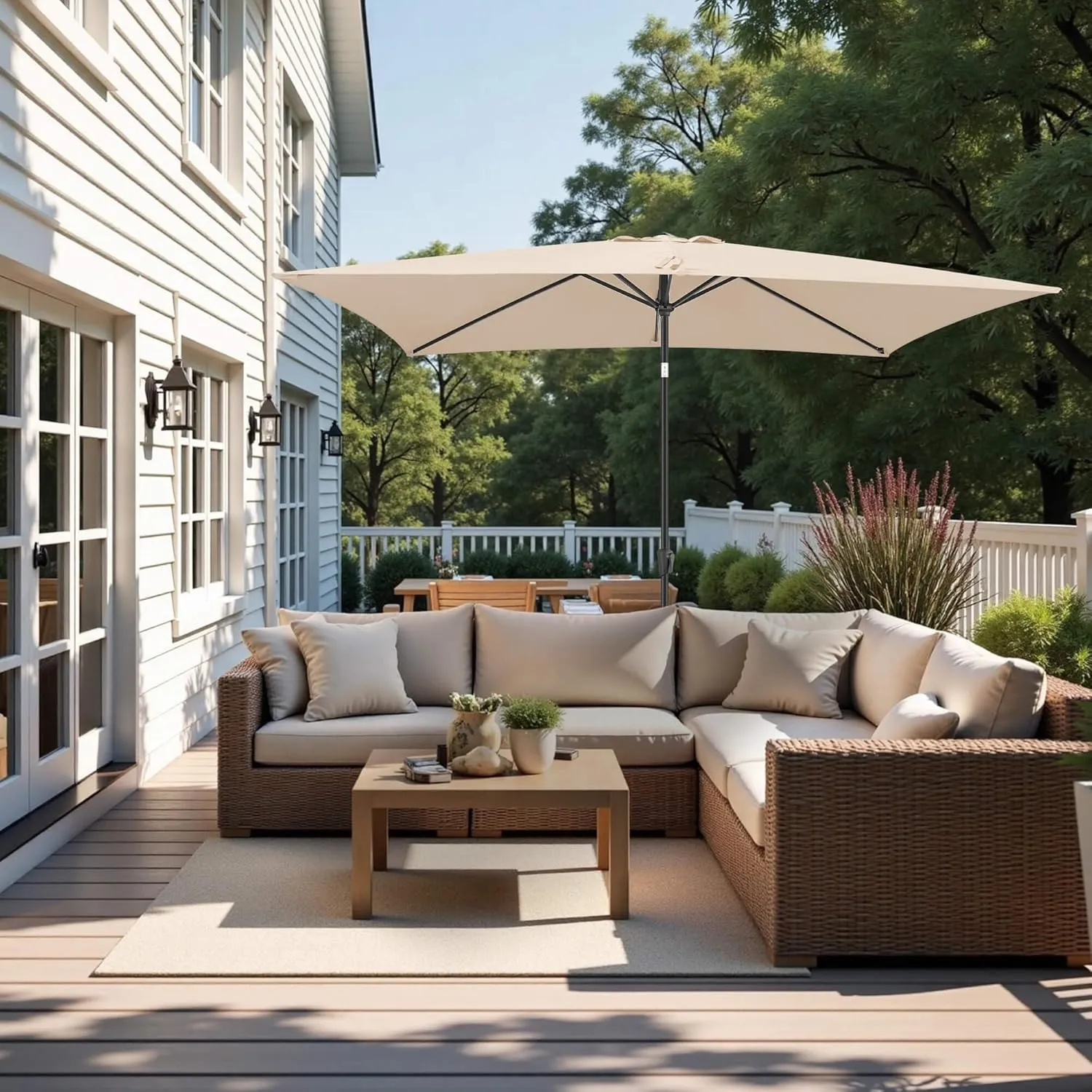 FLAME&SHADE 6.5 x 10 ft Rectangular Outdoor Market Patio Table Umbrella with Tilt, Beige