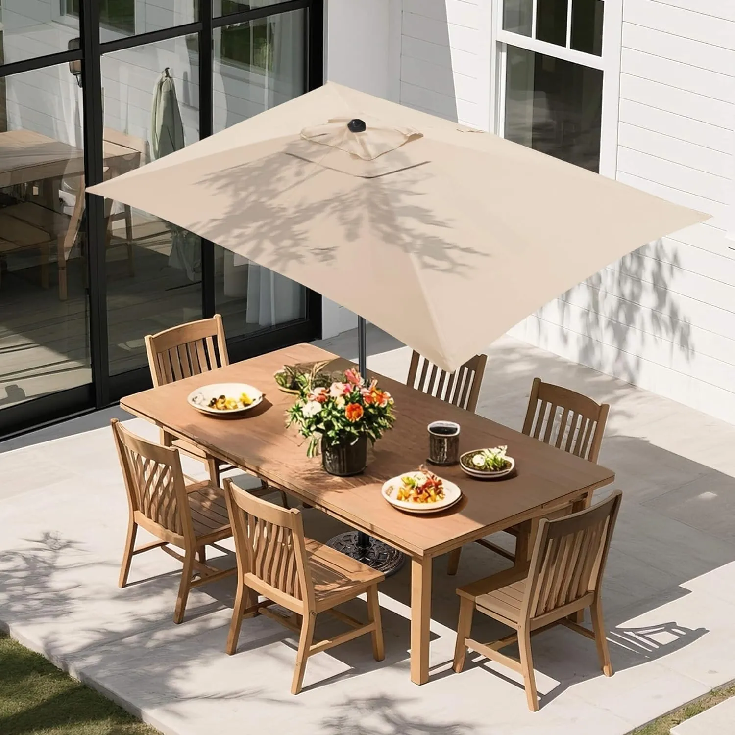 FLAME&SHADE 6.5 x 10 ft Rectangular Outdoor Market Patio Table Umbrella with Tilt, Beige