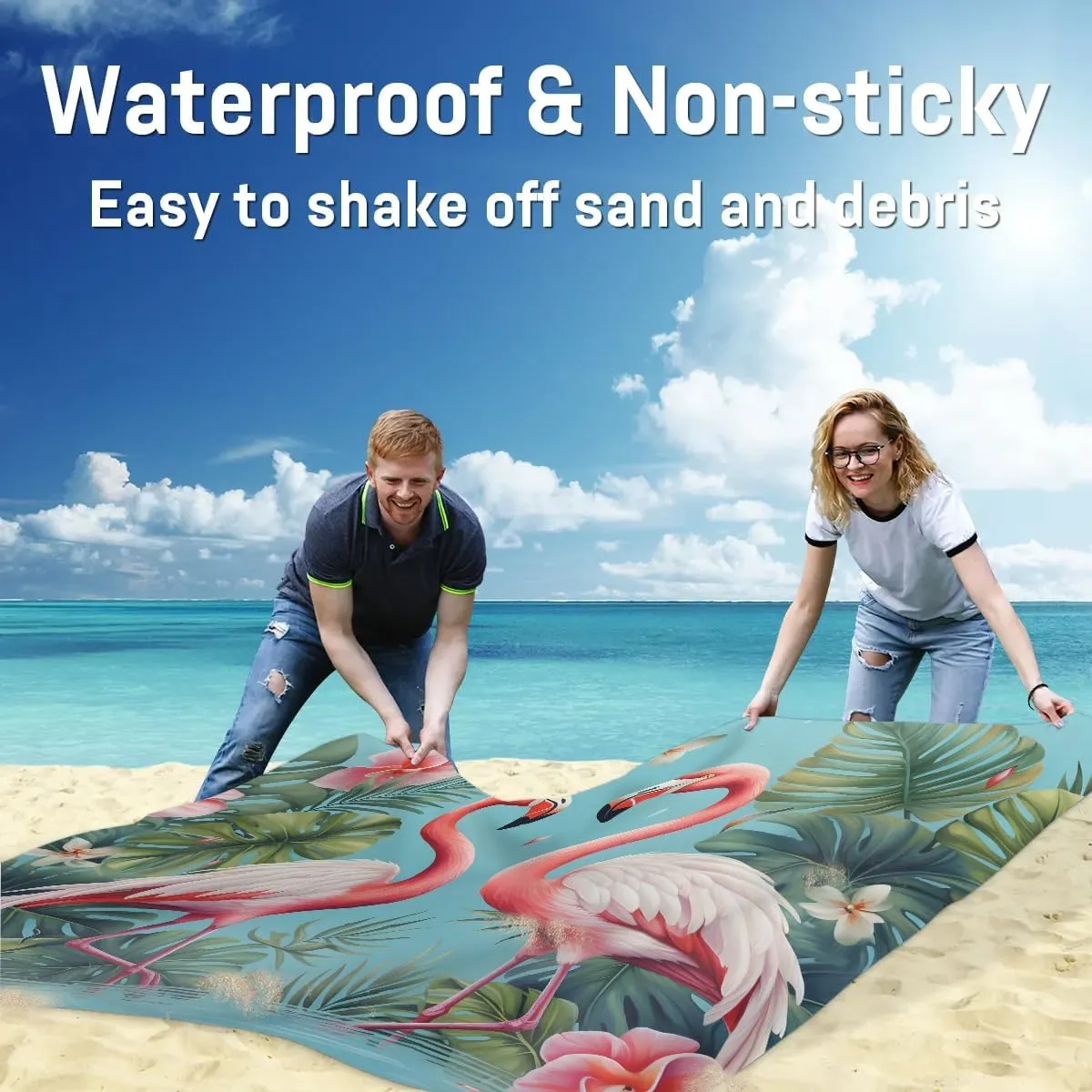 Flamingo Beach Blanket, Sandproof Beach Mat, 68 x 59 Waterproof Quick Drying Sand Free Mat with 4 x Ground Spikes for Outdoor Travel Camping Hiking, Tropical Palm Leaves