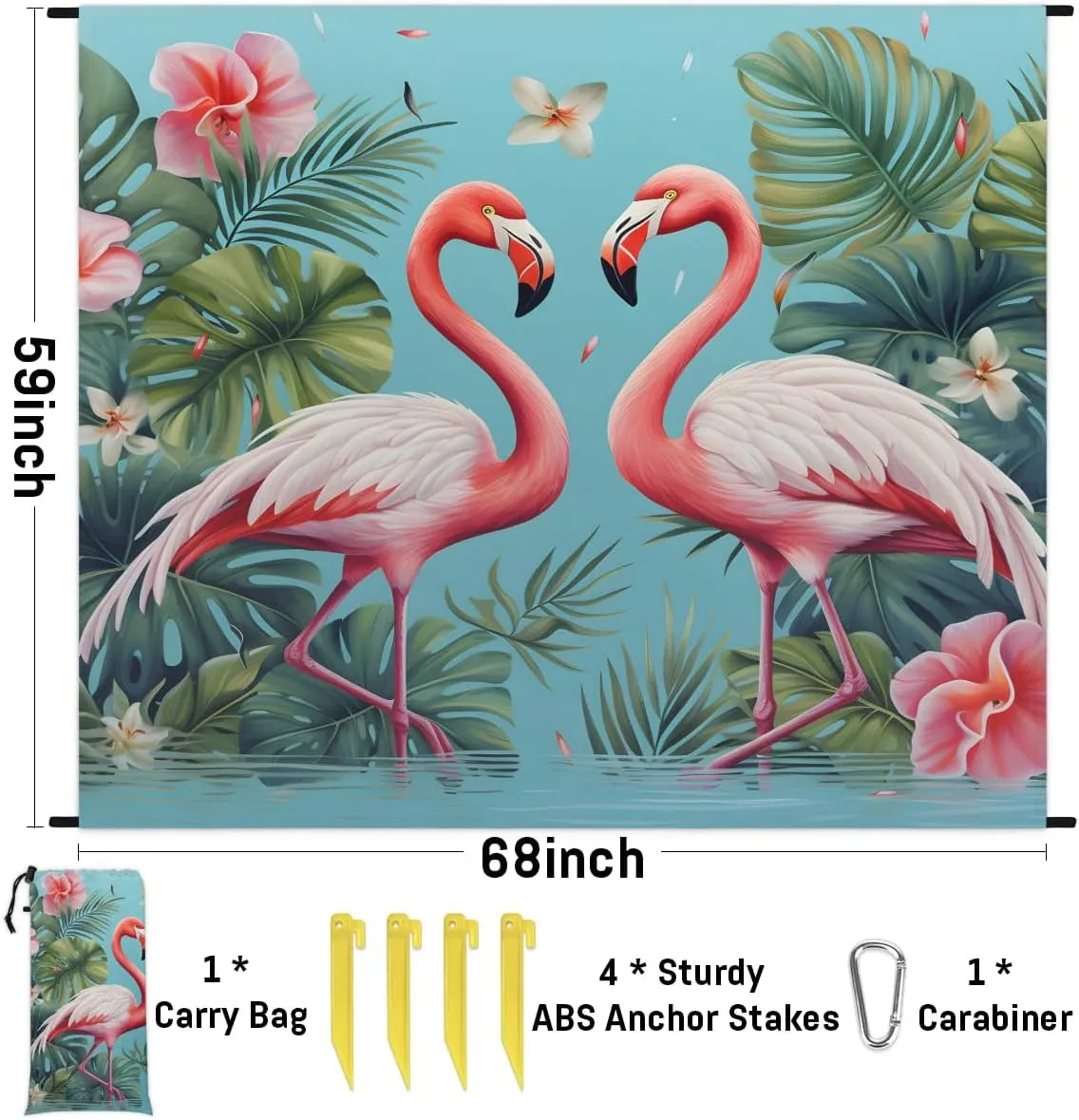 Flamingo Beach Blanket, Sandproof Beach Mat, 68 x 59 Waterproof Quick Drying Sand Free Mat with 4 x Ground Spikes for Outdoor Travel Camping Hiking, Tropical Palm Leaves