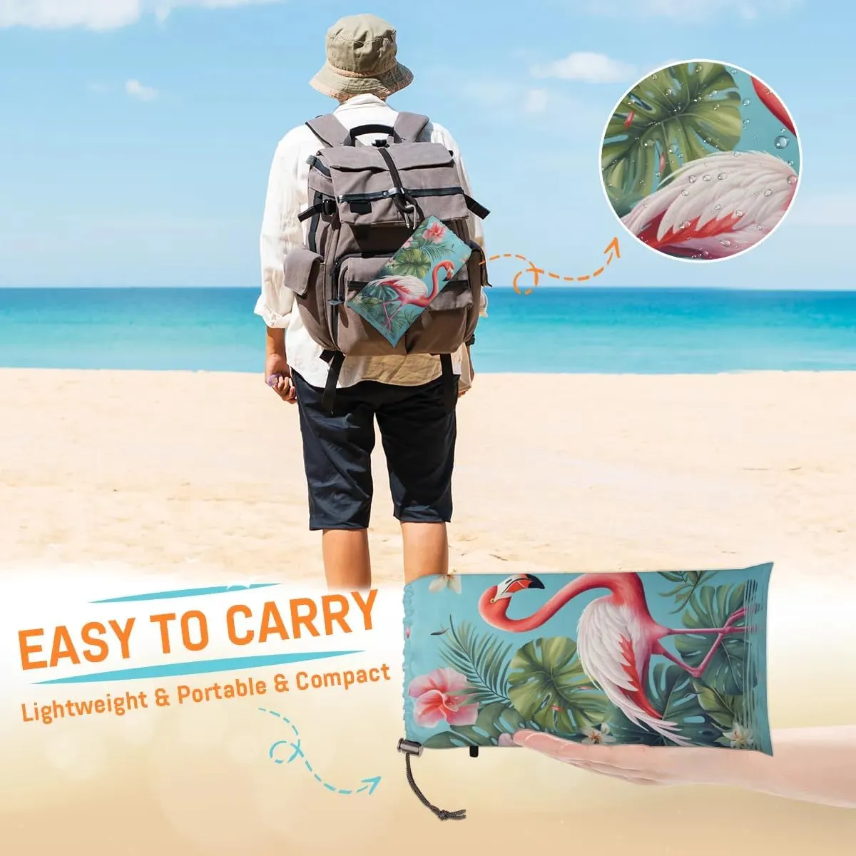 Flamingo Beach Blanket, Sandproof Beach Mat, 68 x 59 Waterproof Quick Drying Sand Free Mat with 4 x Ground Spikes for Outdoor Travel Camping Hiking, Tropical Palm Leaves