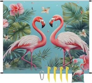 Flamingo Beach Blanket, Sandproof Beach Mat, 68 x 59 Waterproof Quick Drying Sand Free Mat with 4 x Ground Spikes for Outdoor Travel Camping Hiking, Tropical Palm Leaves
