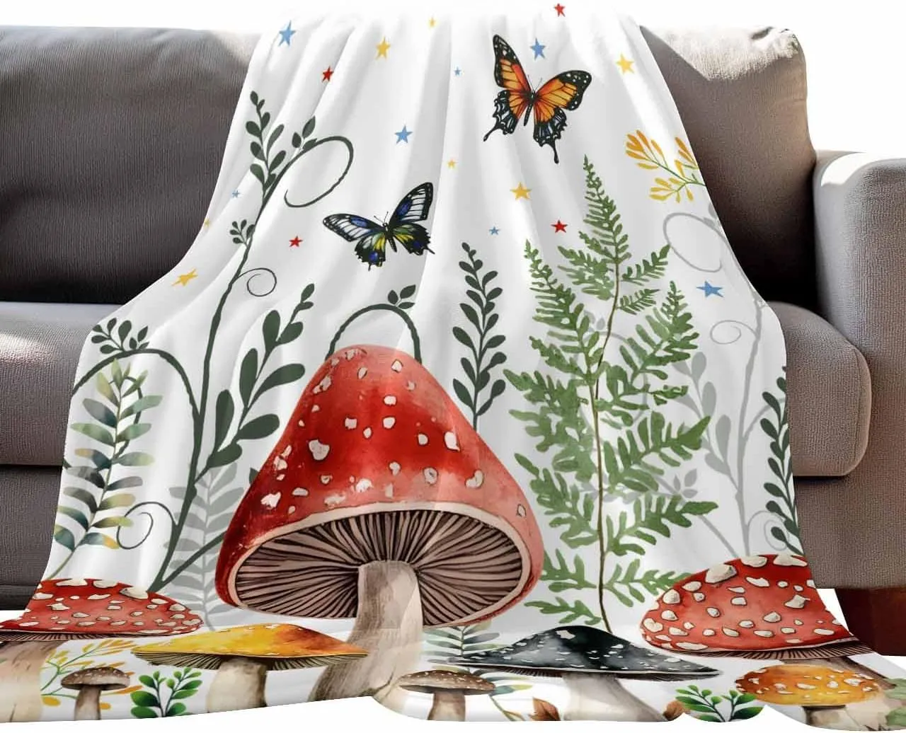 Fleece Flannel Blanket Garden Plants Butterflies Thin Soft Warm Cozy Bed Throw for Home Sofa Travel Camping Couch Picnic Botanical Star On White 60x80IN