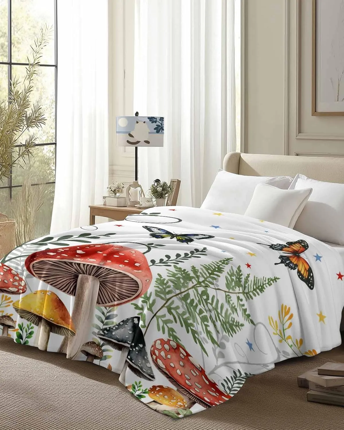 Fleece Flannel Blanket Garden Plants Butterflies Thin Soft Warm Cozy Bed Throw for Home Sofa Travel Camping Couch Picnic Botanical Star On White 60x80IN
