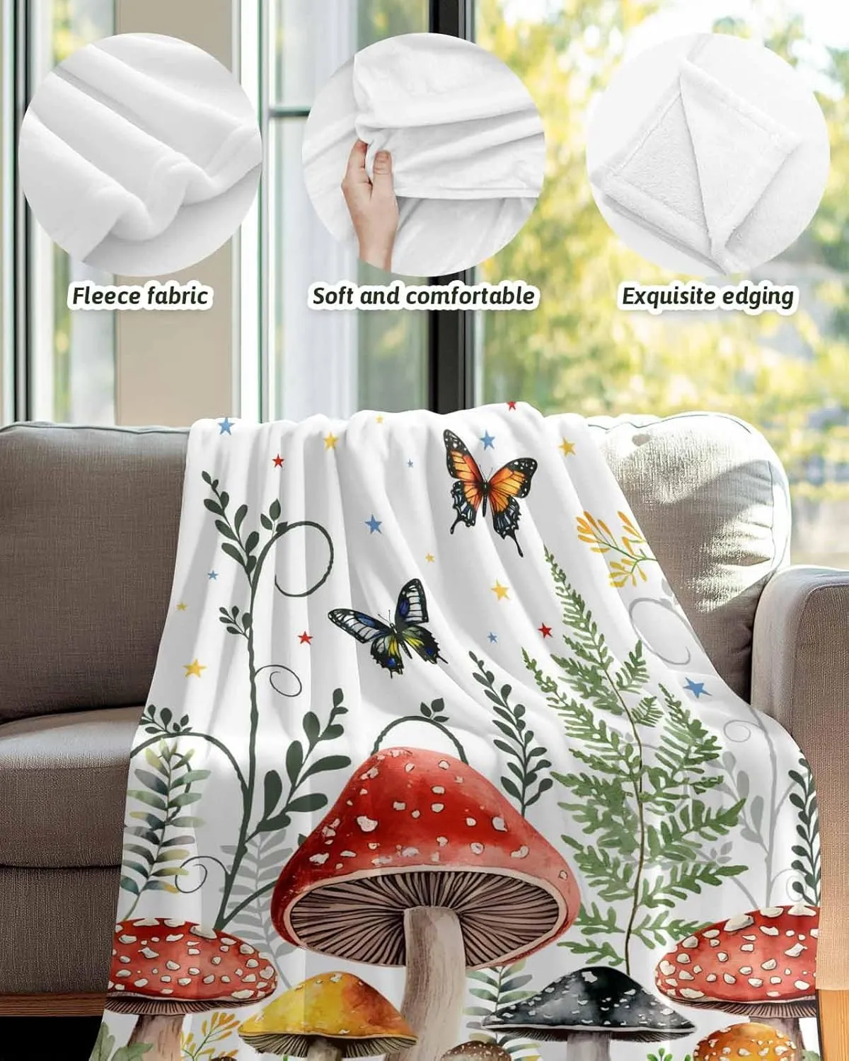 Fleece Flannel Blanket Garden Plants Butterflies Thin Soft Warm Cozy Bed Throw for Home Sofa Travel Camping Couch Picnic Botanical Star On White 60x80IN
