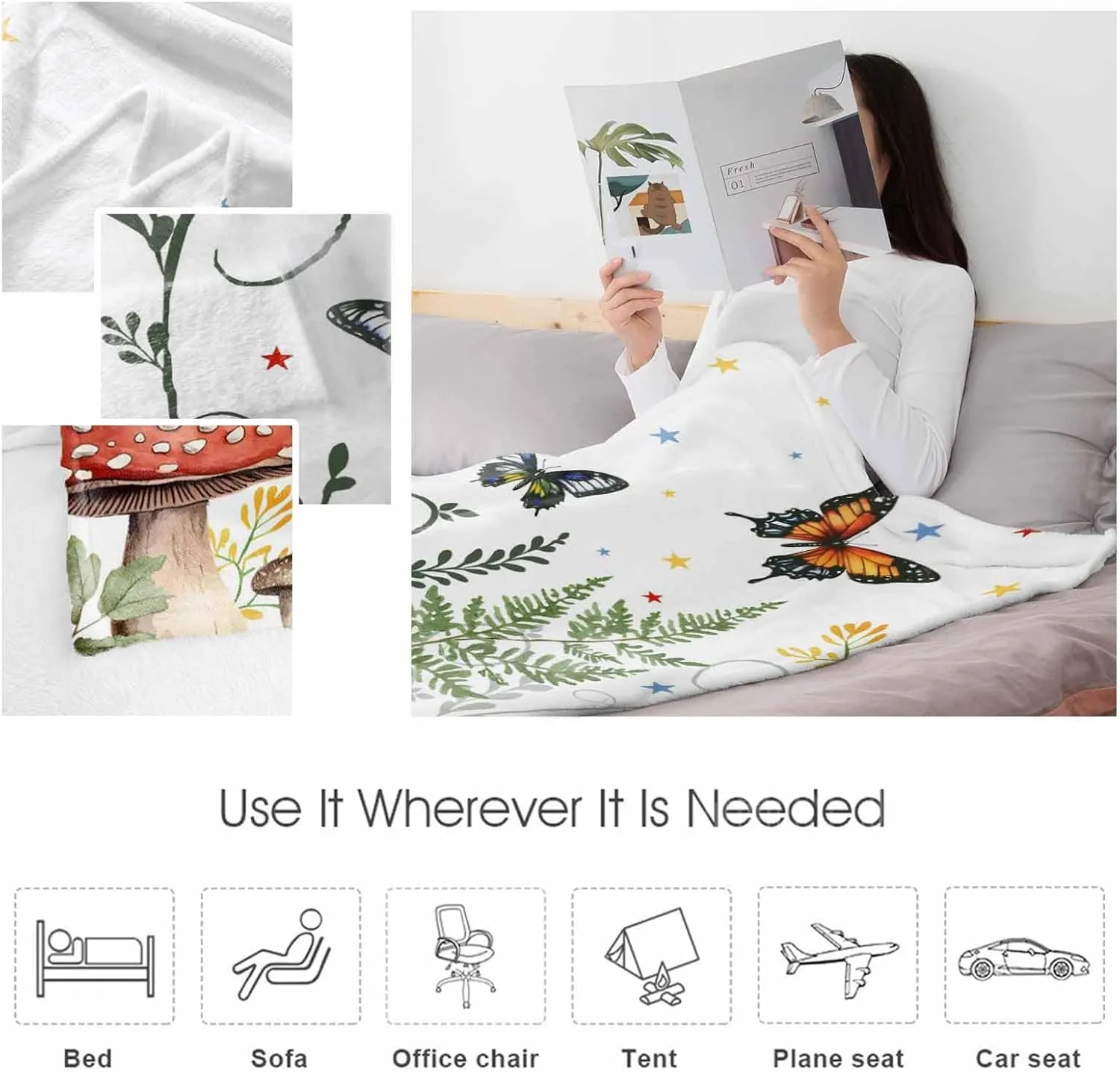 Fleece Flannel Blanket Garden Plants Butterflies Thin Soft Warm Cozy Bed Throw for Home Sofa Travel Camping Couch Picnic Botanical Star On White 60x80IN